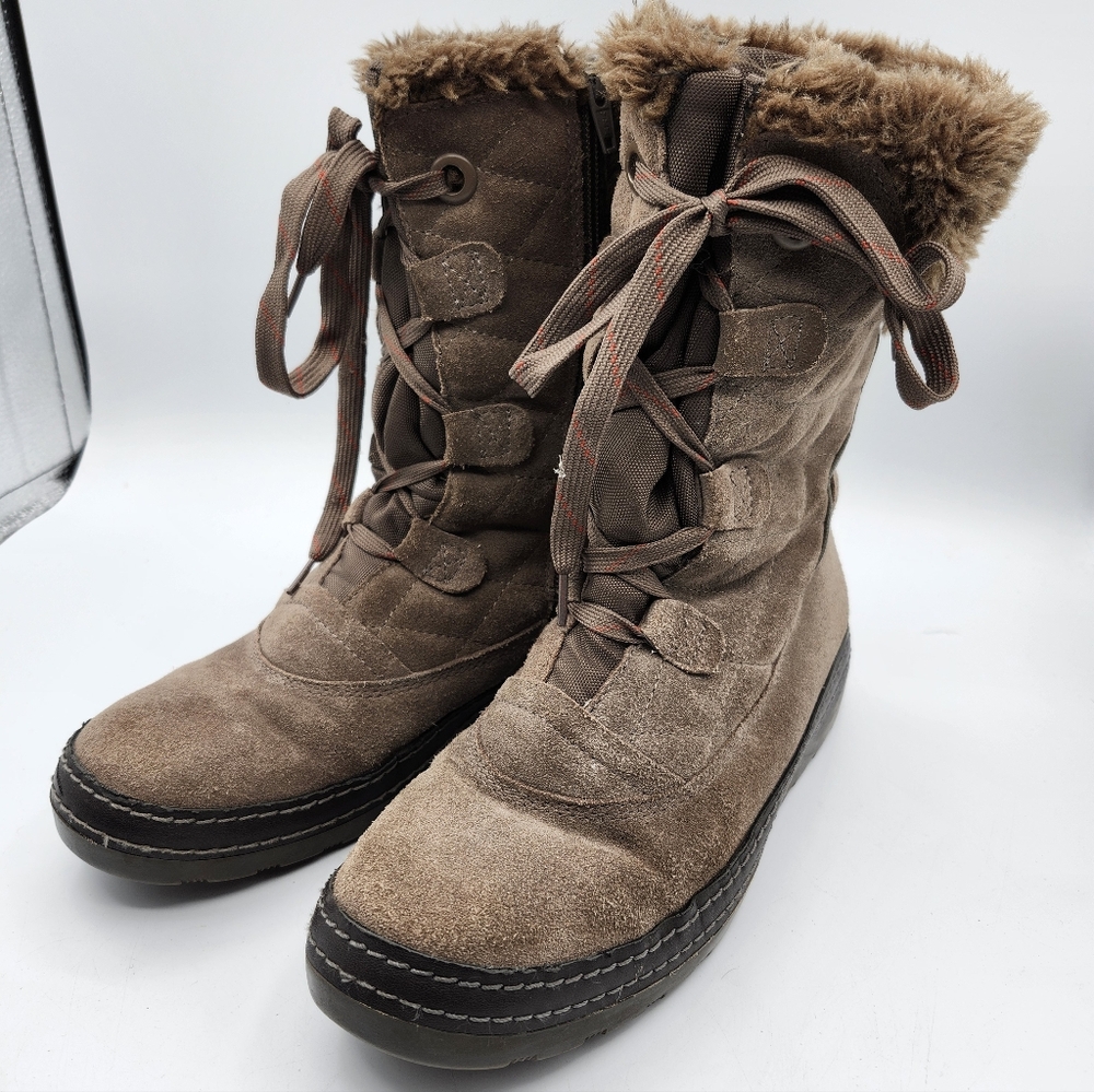 BareTraps Tan Faux Fur-Trimmed Winter Boots Side Zip & Laces Sz 8